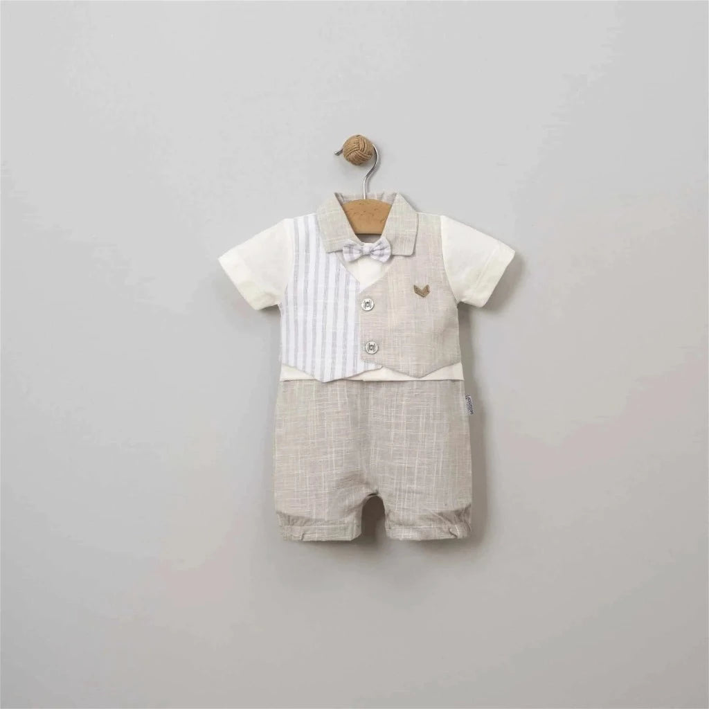 Spanish Style baby boy romper in beige and white with a collar, waistcoat and bow tie