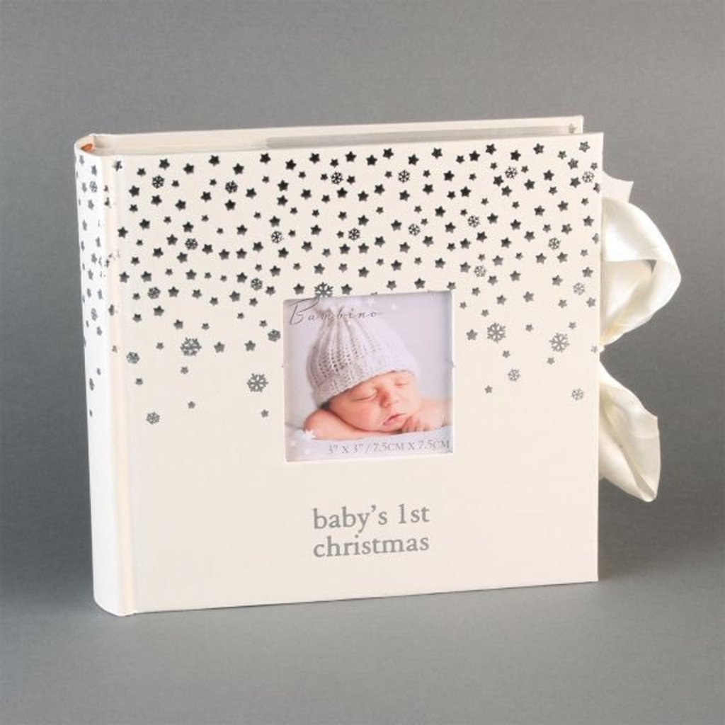 Baby's first christmas photo album in white with silver stars