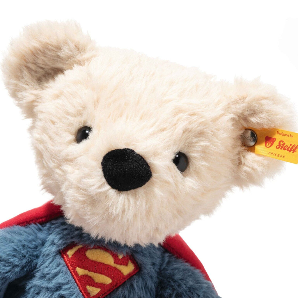 Steiff superman teddy with the yellow button in the ear, dressed in the familiar superman outfit