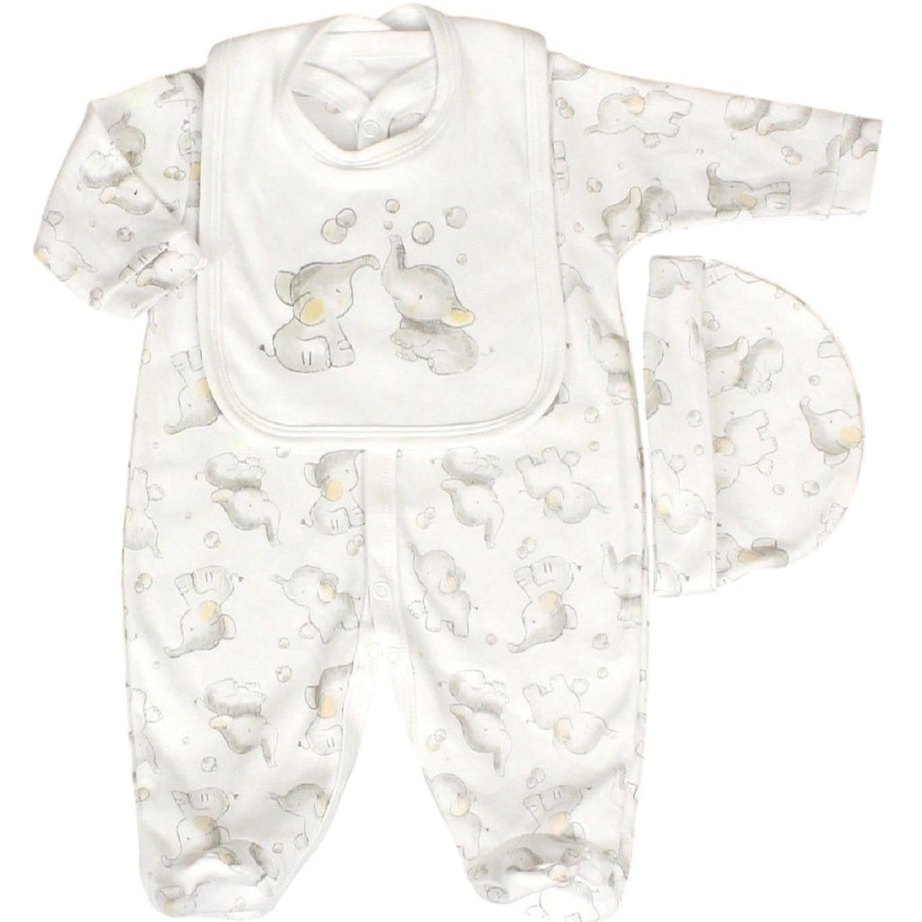 baby clothing set in white cotton with grey elephants includes sleepsuit, hat and bib