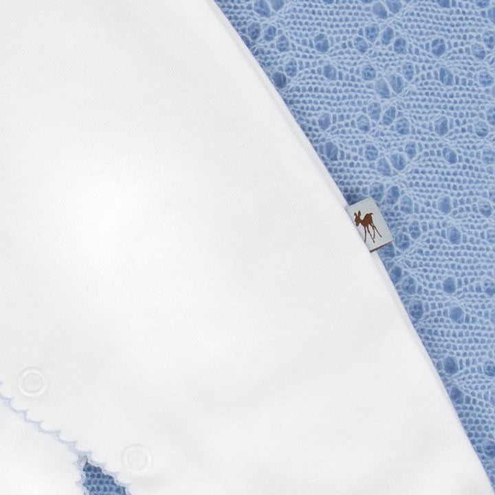 luxury baby sleepsuit in white with fawn logo and blue picot edging