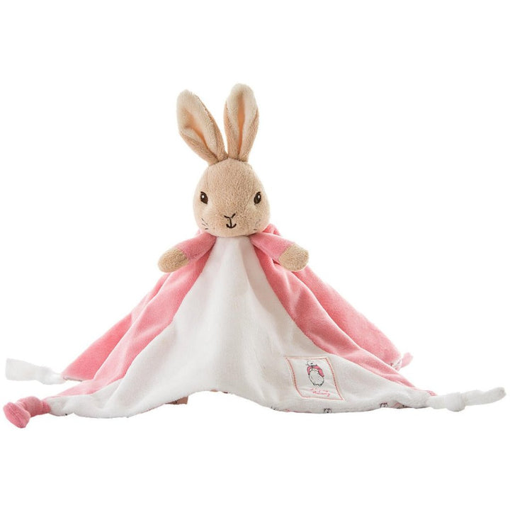 small white hamper box with beatrix potter pink bunny comforter with knot ends , pink booties and pink double pompom fluffy