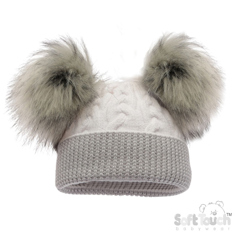 cream and grey baby hat with large fluffy pom poms