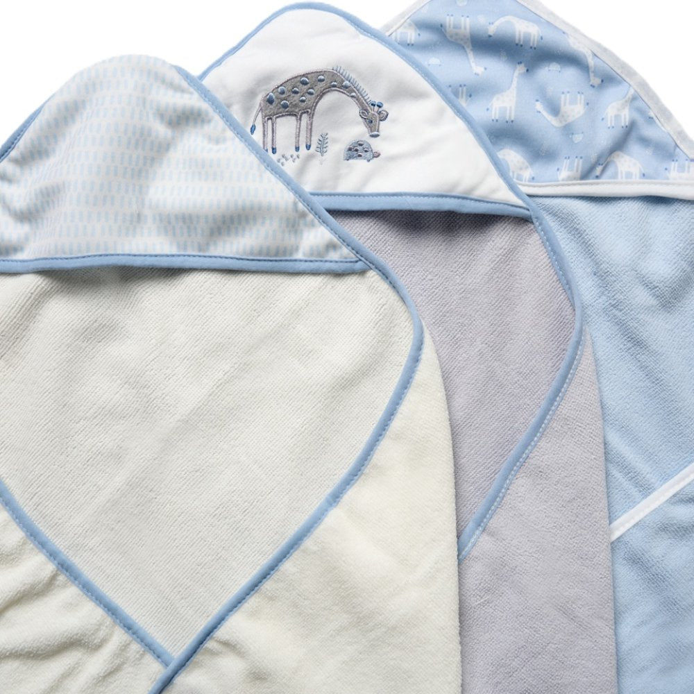 pack of three blue and white baby hooded towels with 3 blue and white baby wash cloths