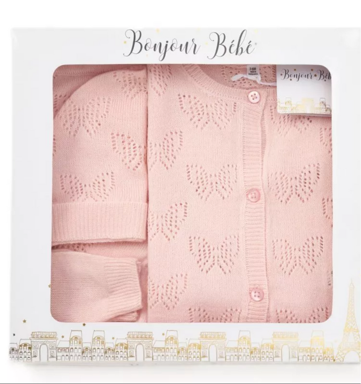 Pink Knit Baby Girl Outfit With Butterfly Pattern