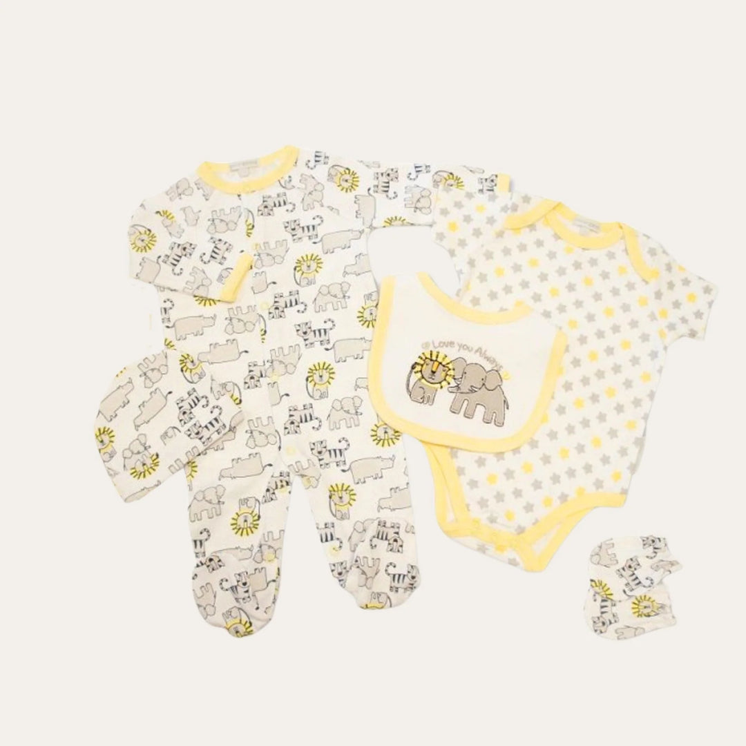Lion And Elephant Baby Layette In Lemon And White 'I Love You Always