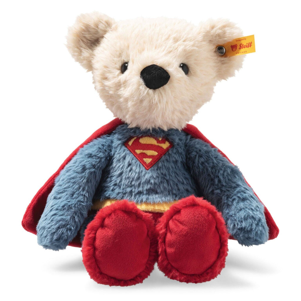 Steiff superman teddy with the yellow button in the ear, dressed in the familiar superman outfit