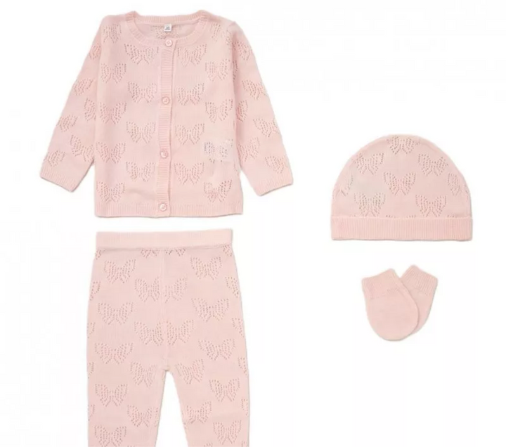 Pink Knit Baby Girl Outfit With Butterfly Pattern