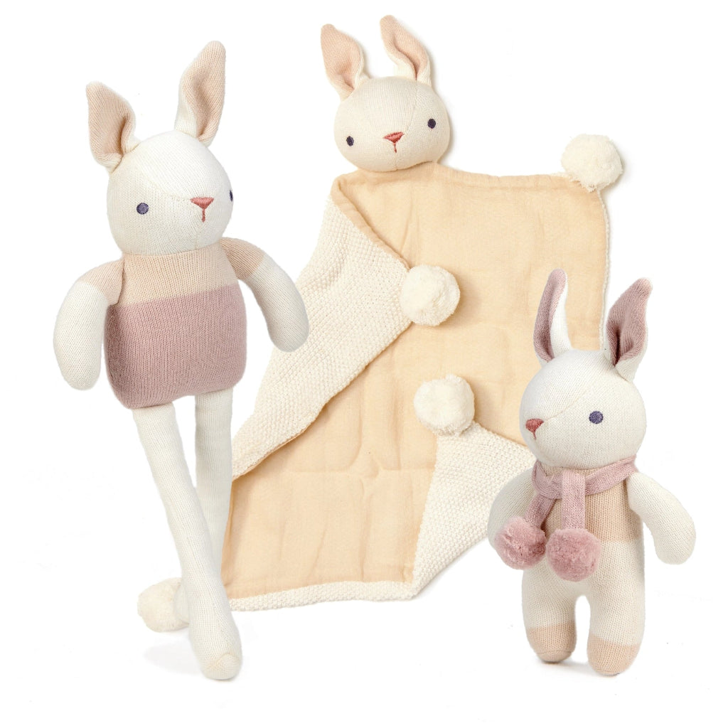 white bunny, rattle and comforter set