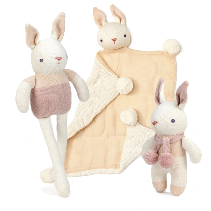 white bunny, rattle and comforter set
