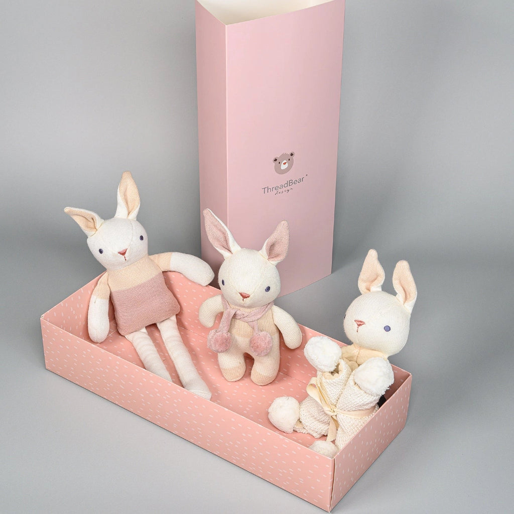 white bunny, rattle and comforter set