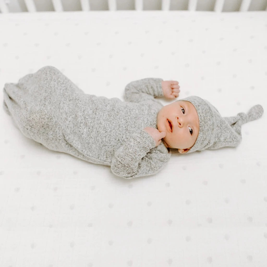 Aden and Anais soft snuggle knit baby gown with matching knot baby hat in grey