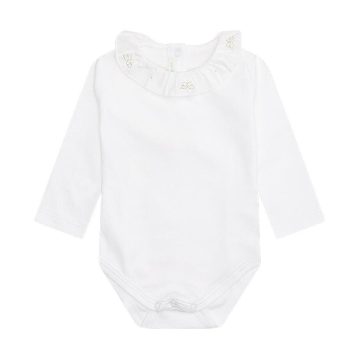 white baby onsie with ruffled collar and angel wings embroidered on the collar