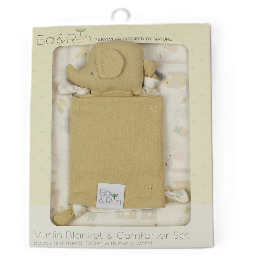 boxed baby gift set includes a white muslin blanket with pastel elephants and beige elephant comforter