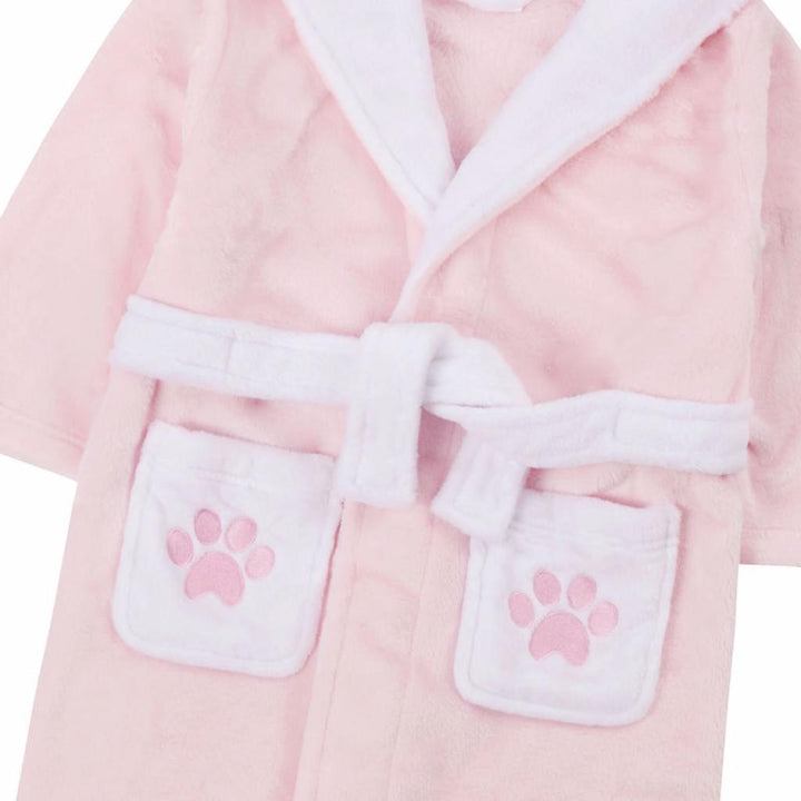 pink and white girls dressing gown with teddy face