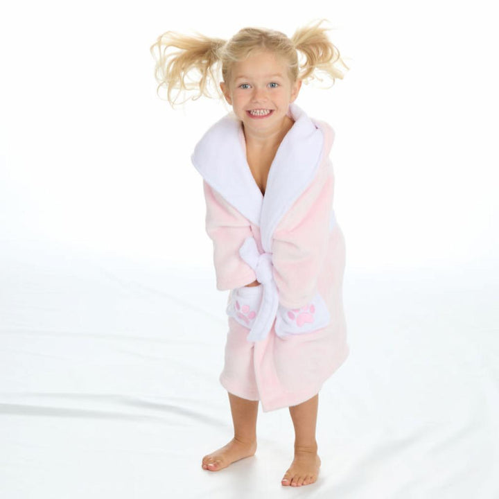 pink and white girls dressing gown with teddy face