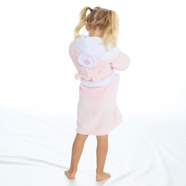 pink and white girls dressing gown with teddy face