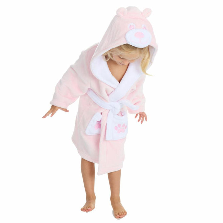 pink and white girls dressing gown with teddy face