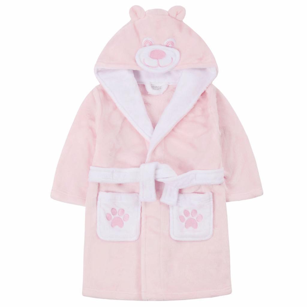 pink and white dressing gown with teddy face and cute ears