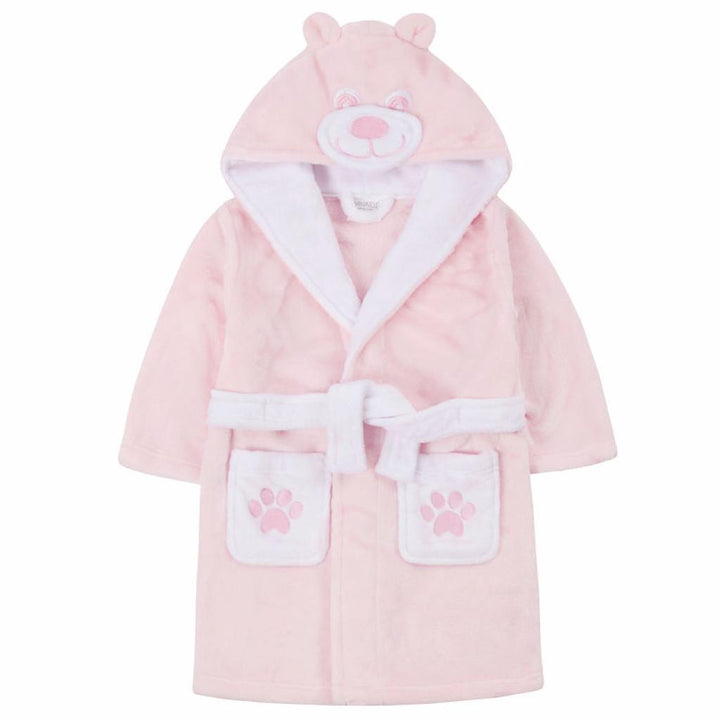 pink and white dressing gown with teddy face and cute ears