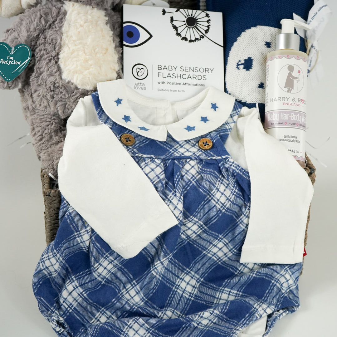 Baby Boy Gift Hamper, Organic Baby Boy Clothing Set And Organic Baby Blanket, Recycled Baby Elephant Soft Toy, Etta Loves Sensory Cards