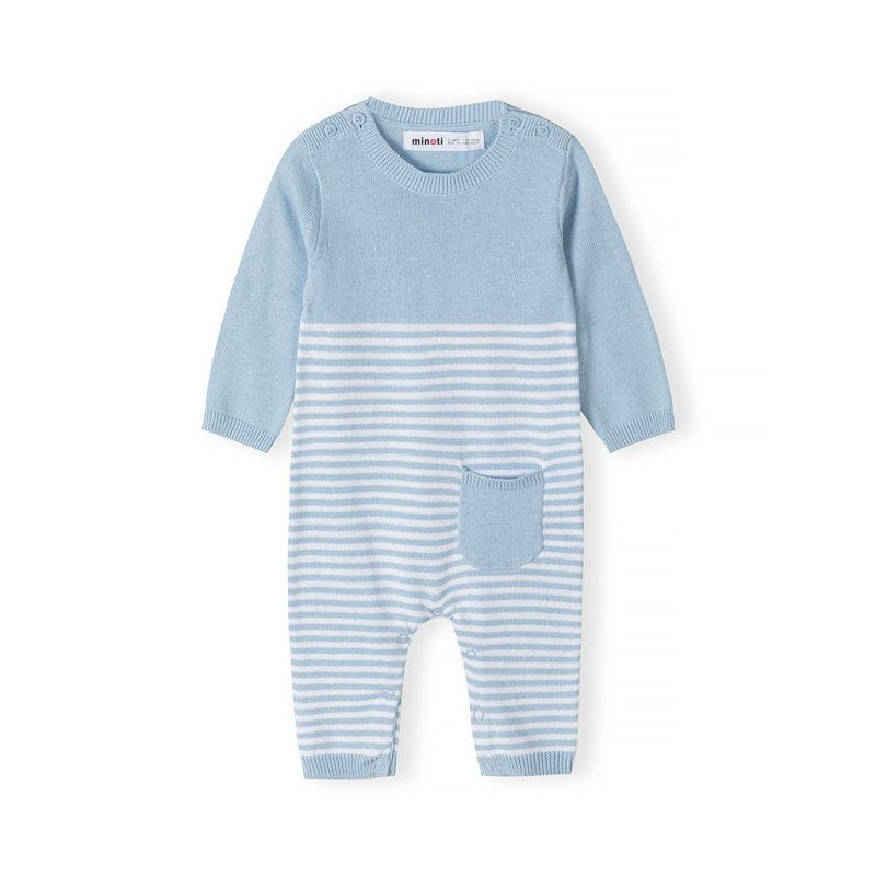 Blue and white striped baby romper made from 100% cotton fine knit