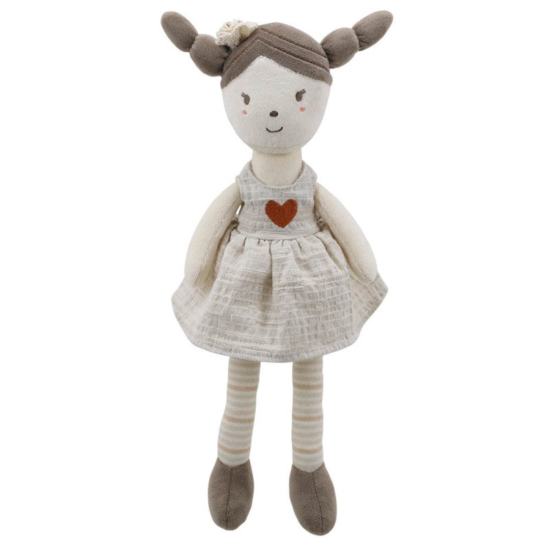 Rag doll in a dress with brown hair