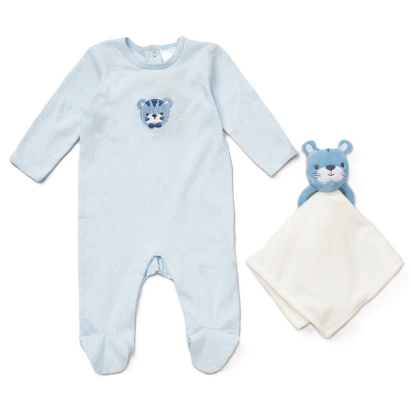 blue baby sleepsuit with crocheted tiger face and matching baby comforter