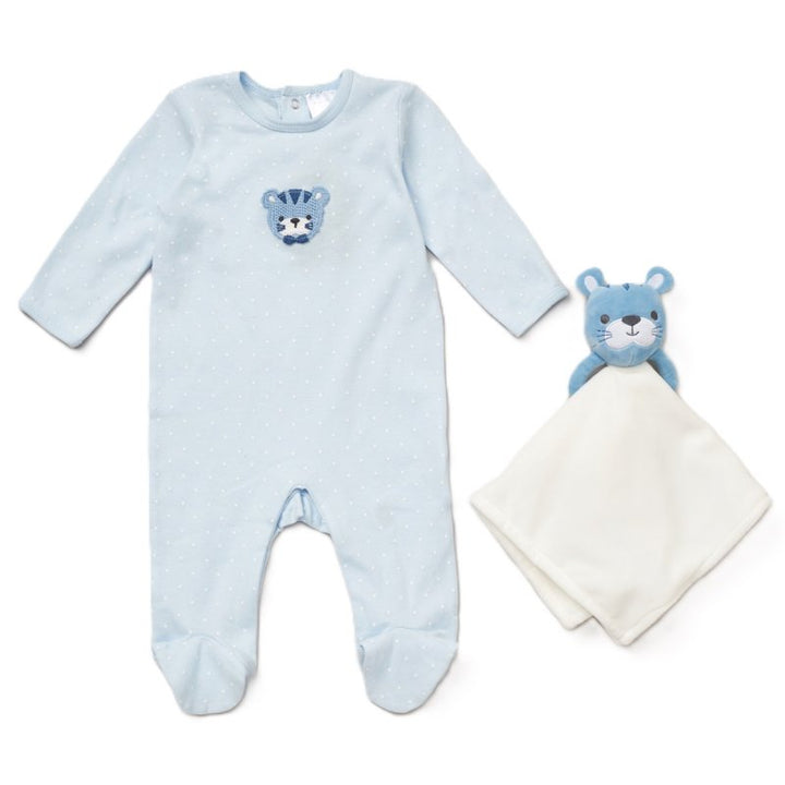 blue baby sleepsuit with crocheted tiger face and matching baby comforter