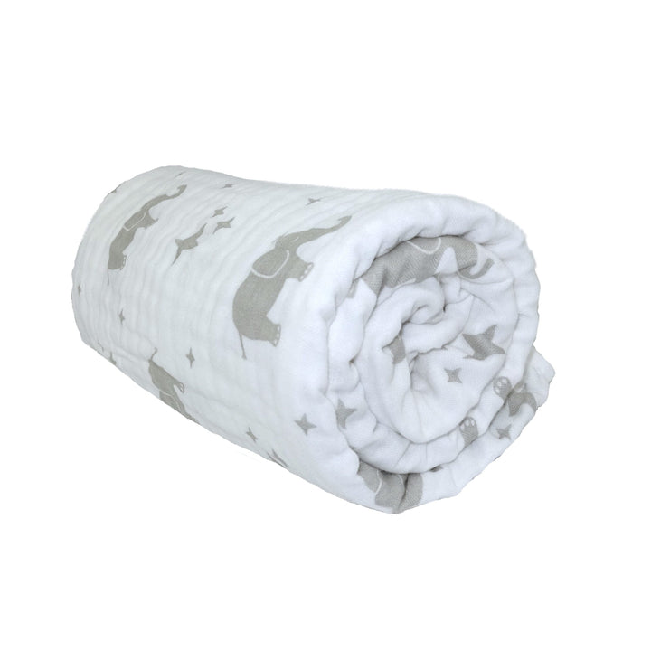 2 ply muslin blanket in white with grey elephants