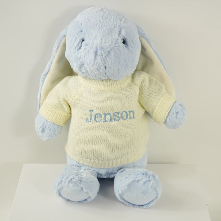 Personalised large blue soft rabbit with a cream jumper with baby's name