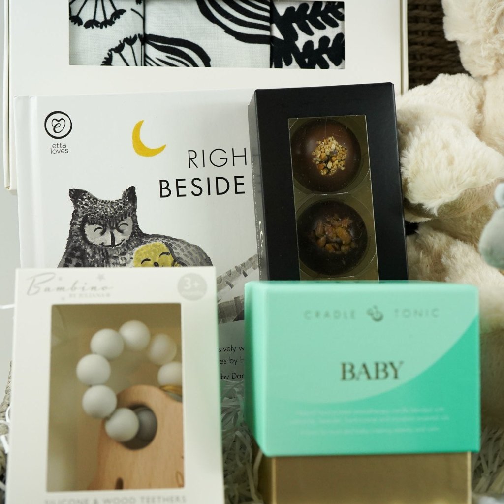 mum and baby sensory hamper , sensory book, 3 muslins in black and white, cream teddy, striped zebra soft rattle, sensory candle,
