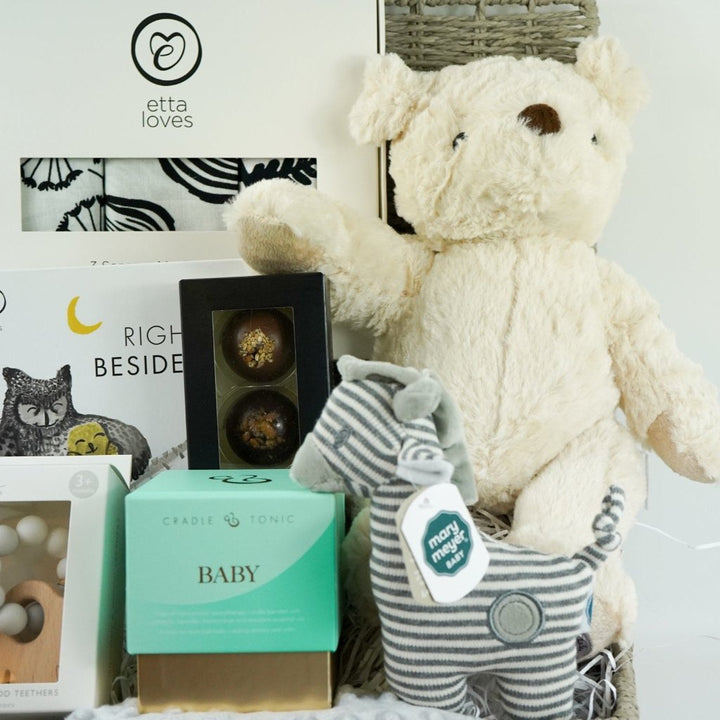 mum and baby sensory hamper , sensory book, 3 muslins in black and white, cream teddy, striped zebra soft rattle, sensory candle,