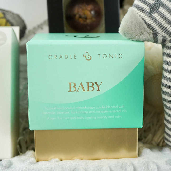 mum and baby sensory hamper , sensory book, 3 muslins in black and white, cream teddy, striped zebra soft rattle, sensory candle,