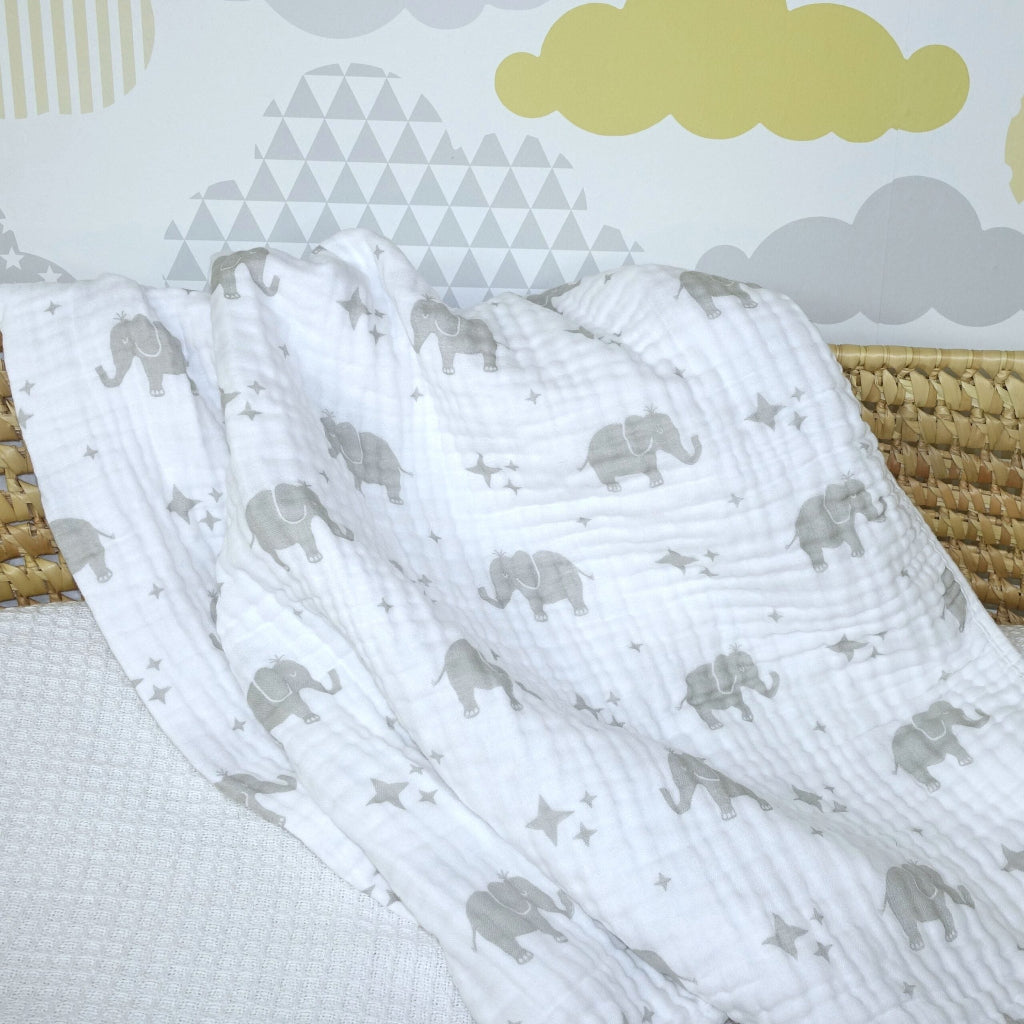 2 ply muslin blanket in white with grey elephants