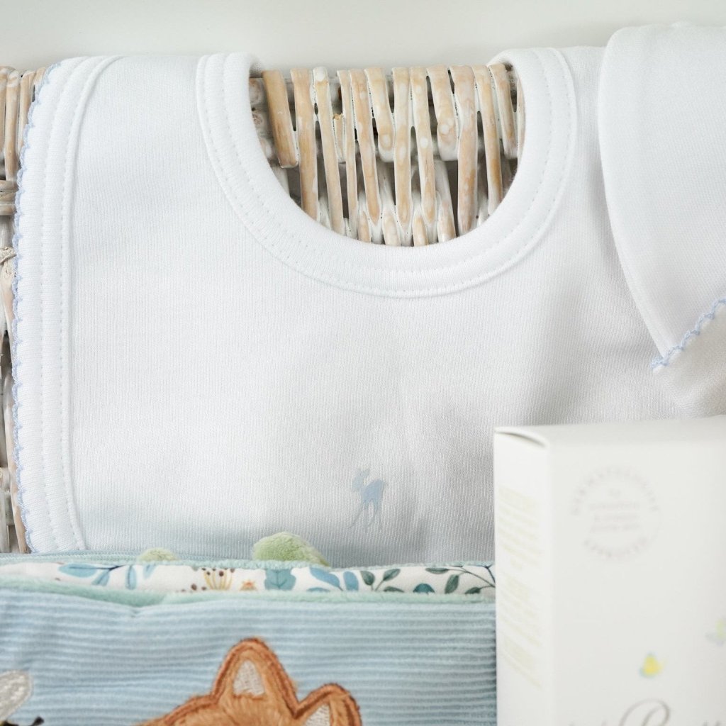 baby boy luxury baby hamper wioth luxury white clothing set, little dutch soft blocks with forest animals, little duct soft book with forest animals, organic baby bath, soft steiff teddy bear, baby white cute slippers