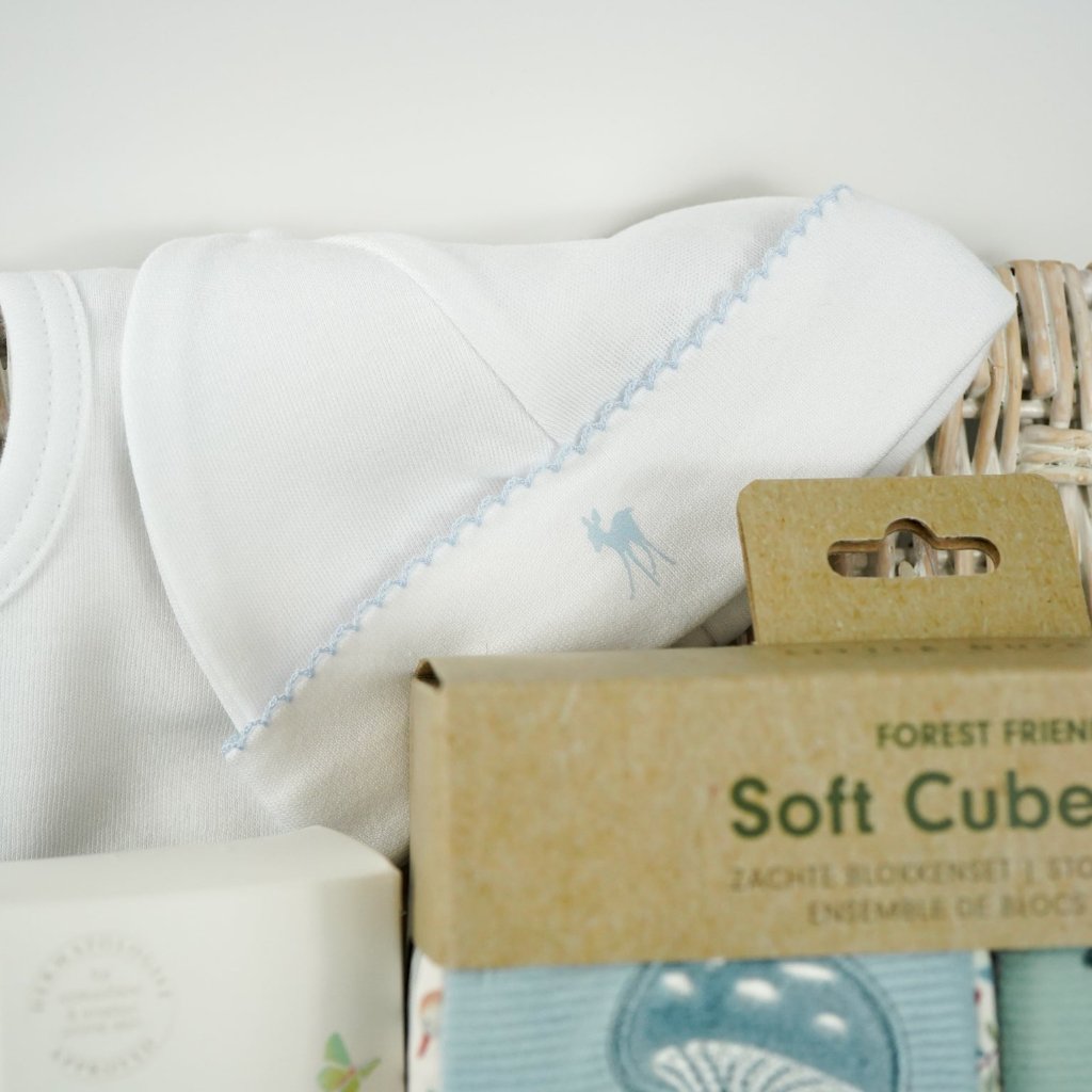 baby boy luxury baby hamper wioth luxury white clothing set, little dutch soft blocks with forest animals, little duct soft book with forest animals, organic baby bath, soft steiff teddy bear, baby white cute slippers