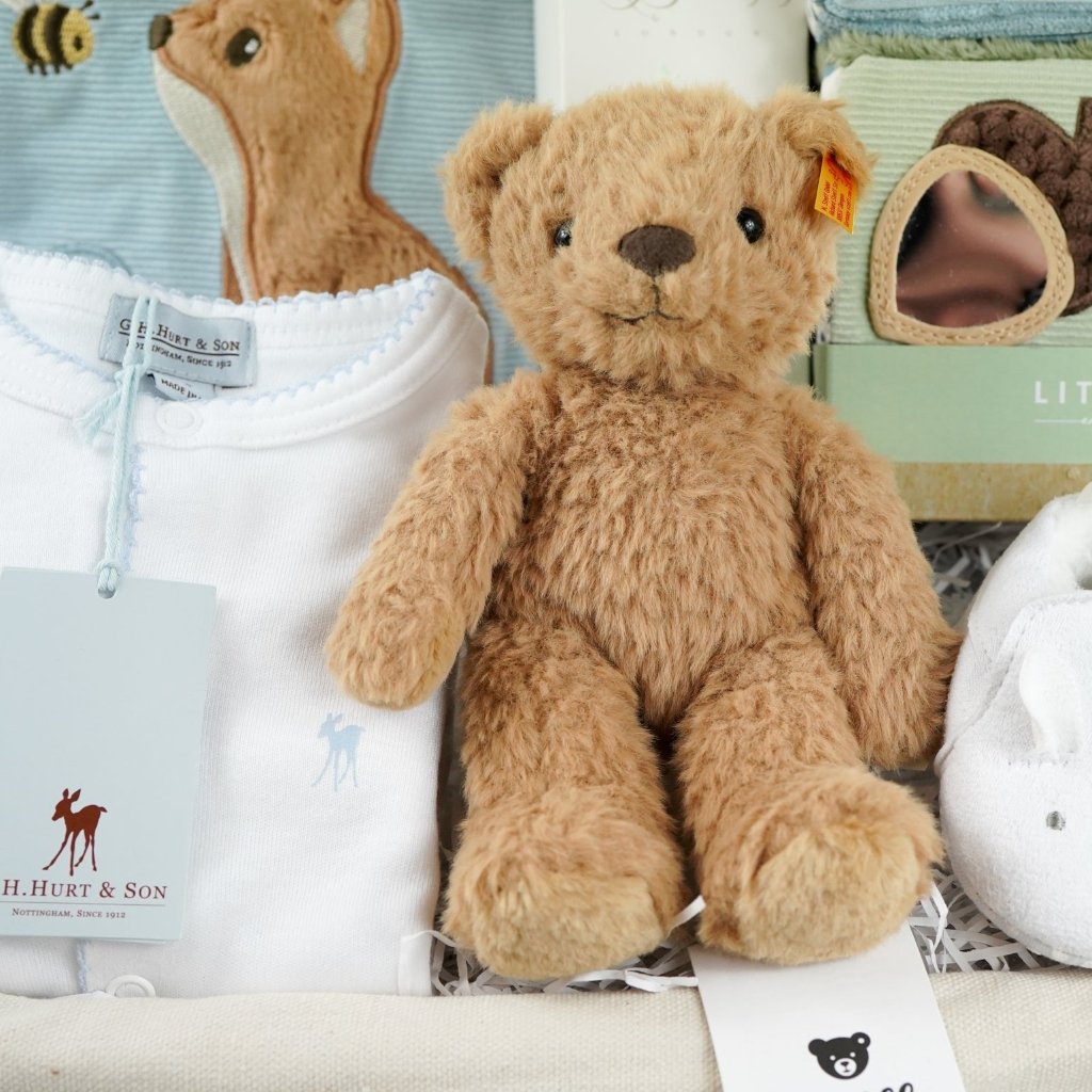 baby boy luxury baby hamper wioth luxury white clothing set, little dutch soft blocks with forest animals, little duct soft book with forest animals, organic baby bath, soft steiff teddy bear, baby white cute slippers