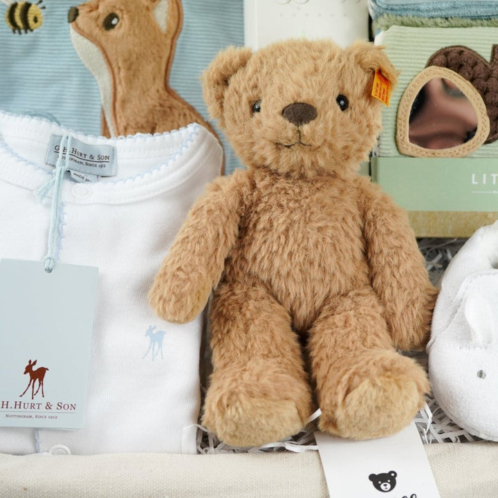 baby boy luxury baby hamper wioth luxury white clothing set, little dutch soft blocks with forest animals, little duct soft book with forest animals, organic baby bath, soft steiff teddy bear, baby white cute slippers