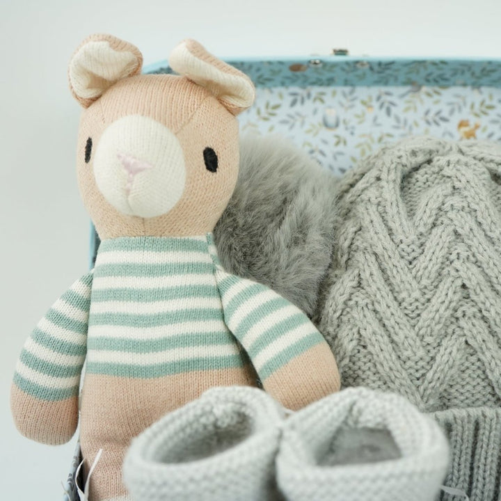 small case with soft knit baby rabbit toy, cuddly fox head wrist rattle, knit booties and double pompom grey knit baby hat