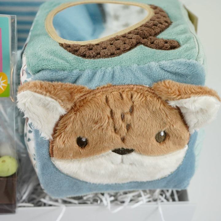 baby boy hamper with blue fine knit romper with white striped and pocket, white muslin with silver stars, blue terry miffy, Forest friends Fox soft activity book, blue knit booties, chocolate stirrer spoon with mini eggs