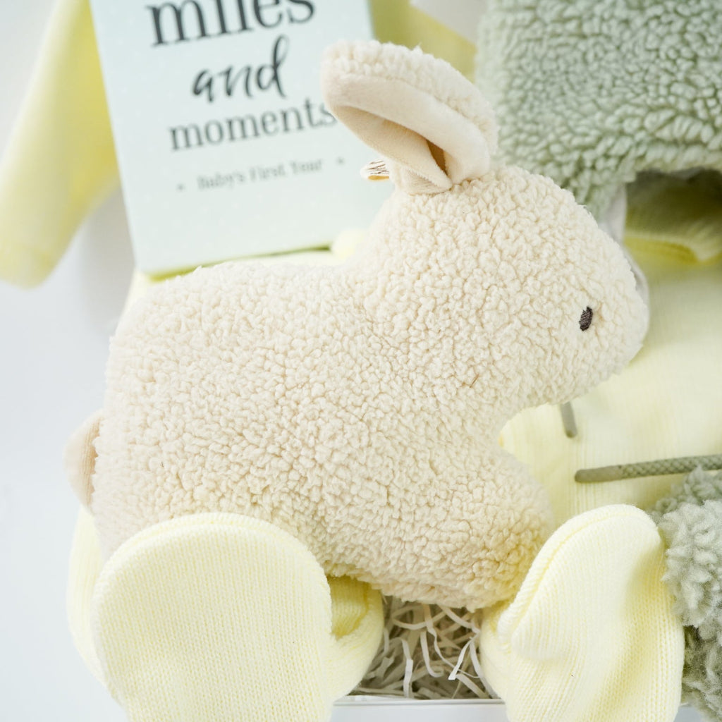 easter baby hamper, yellow knit romper with bunny design and pompom tail, soft fluffy bunny ears green hat with matching bunny ears , booties , recycled cream bunny cuddle toy, miles and moments baby cards, hot chocolate spoon with small eggs