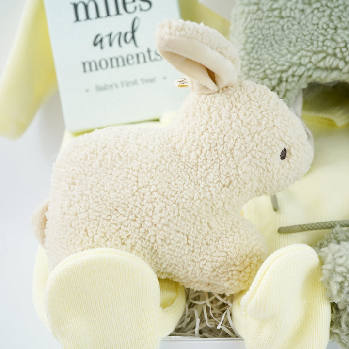 easter baby hamper, yellow knit romper with bunny design and pompom tail, soft fluffy bunny ears green hat with matching bunny ears , booties , recycled cream bunny cuddle toy, miles and moments baby cards, hot chocolate spoon with small eggs