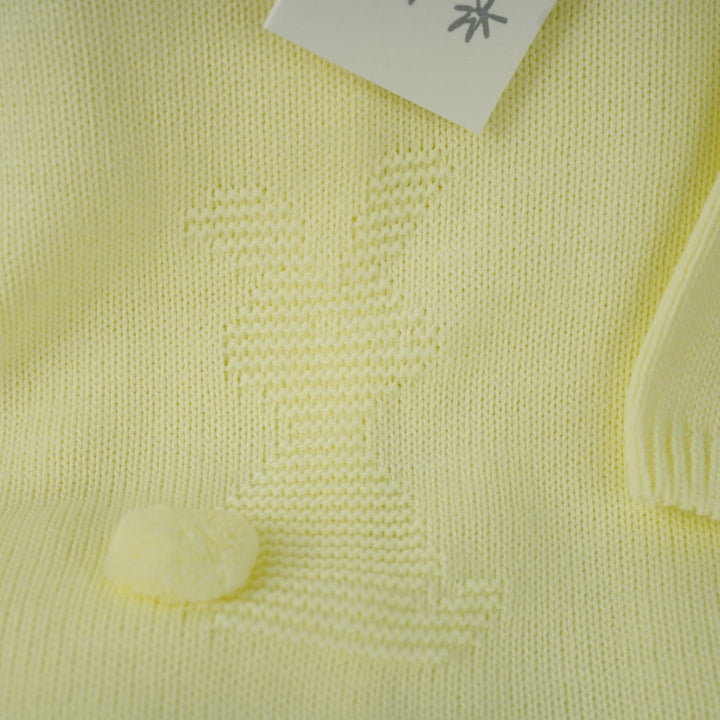 easter baby hamper, yellow knit romper with bunny design and pompom tail, soft fluffy bunny ears green hat with matching bunny ears , booties , recycled cream bunny cuddle toy, miles and moments baby cards, hot chocolate spoon with small eggs
