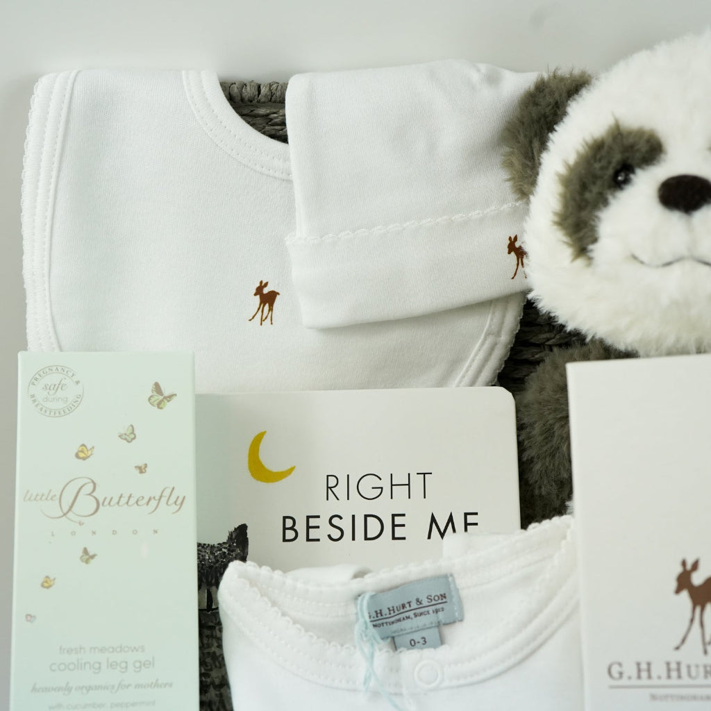 mum and baby gift hamper, baby luxury layette set, black and white baby book, black and white panda, Little butterfly london mummy toiletries, knit booties