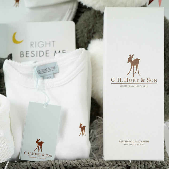 mum and baby gift hamper, baby luxury layette set, black and white baby book, black and white panda, Little butterfly london mummy toiletries, knit booties