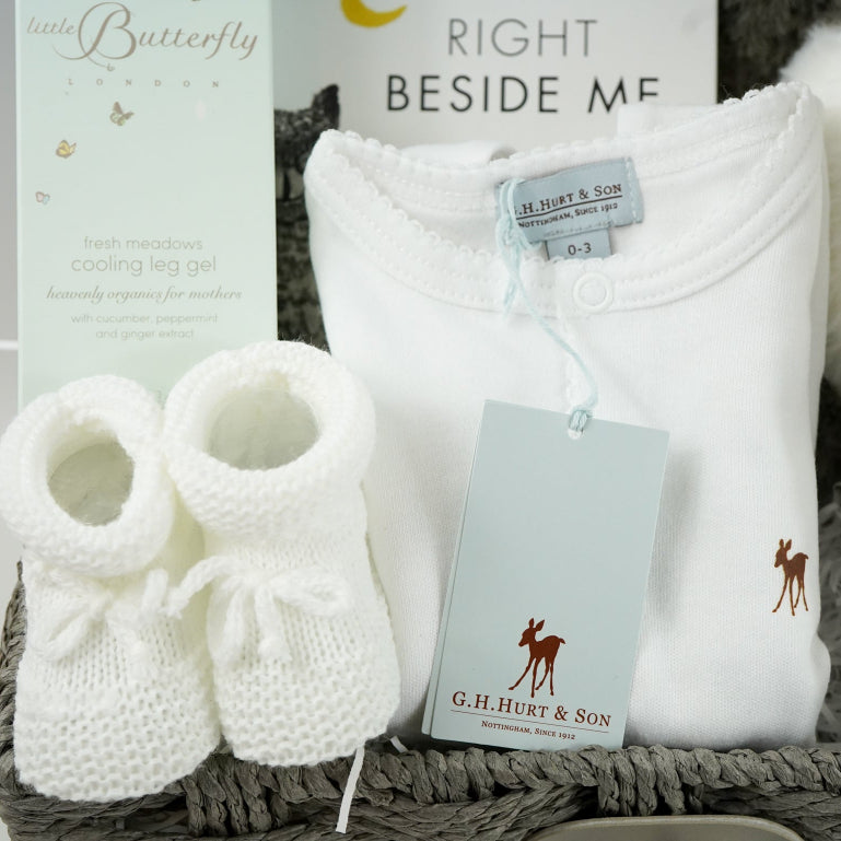 mum and baby gift hamper, baby luxury layette set, black and white baby book, black and white panda, Little butterfly london mummy toiletries, knit booties
