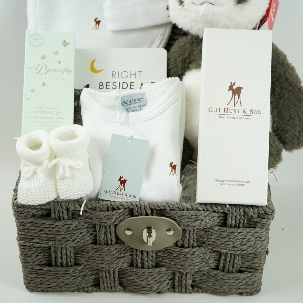 mum and baby gift hamper, baby luxury layette set, black and white baby book, black and white panda, Little butterfly london mummy toiletries, knit booties