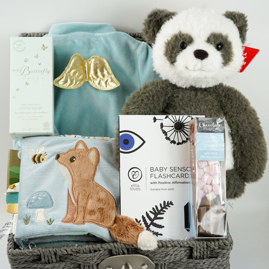 luxury baby hamper, blue velour sleepsuit with gold angel wings, mum toiletries, black and white panda soft toy, black and white sensory flash cards , soft little dutch book, chocolate spoon