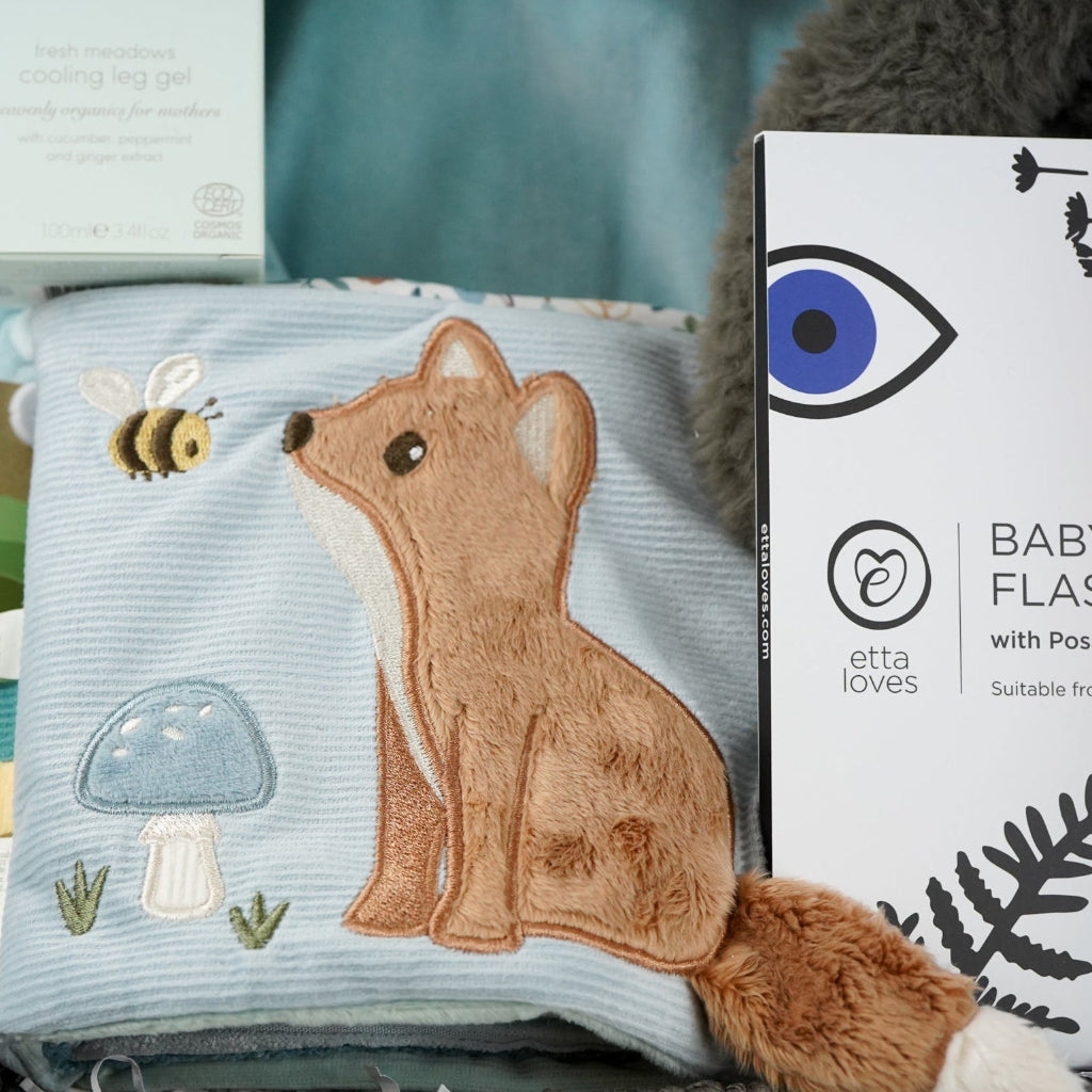 luxury baby hamper, blue velour sleepsuit with gold angel wings, mum toiletries, black and white panda soft toy, black and white sensory flash cards , soft little dutch book, chocolate spoon